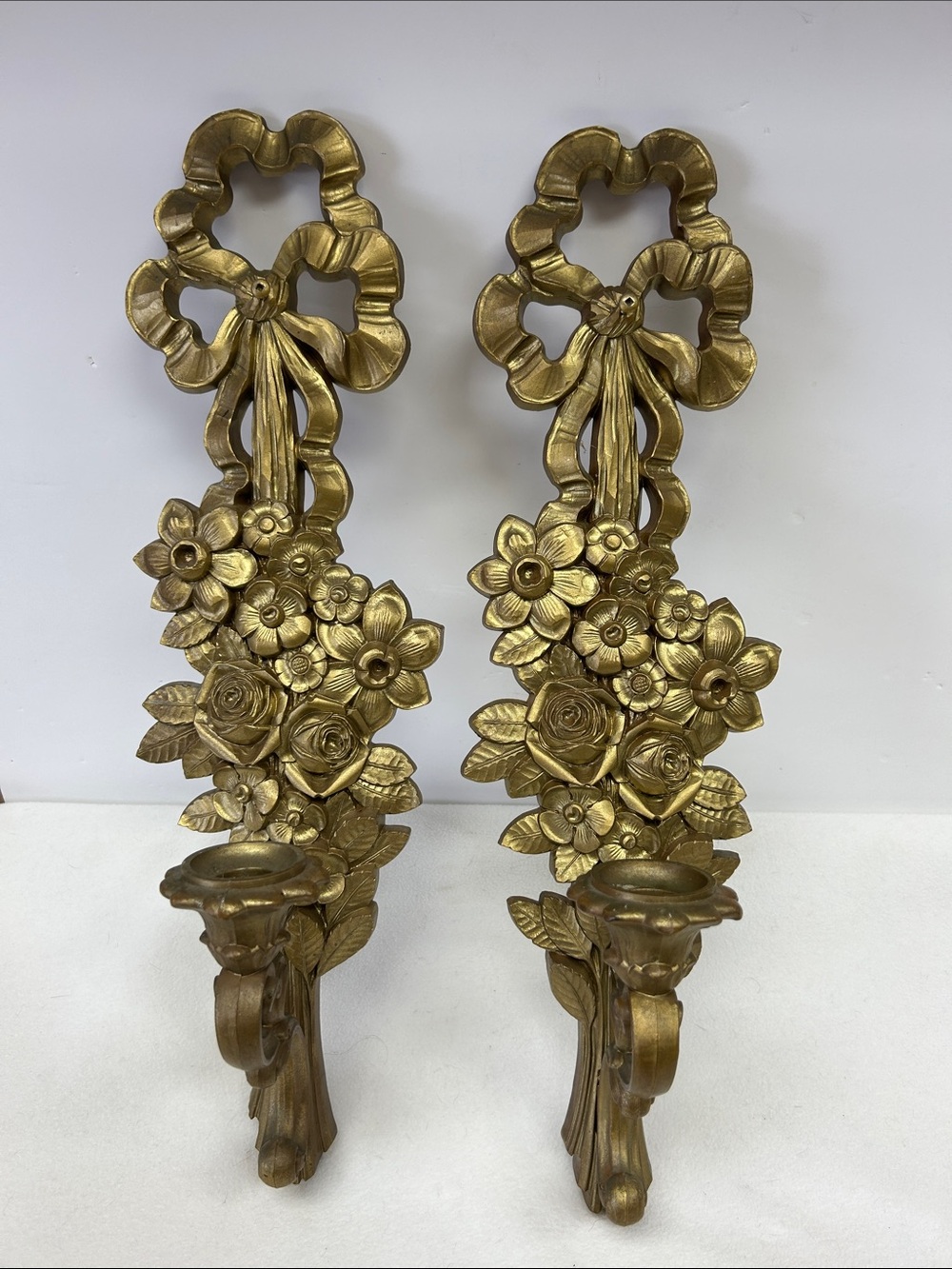 Vintage 1969 gold tone  pair of SYROCO  floral / bow design 18” wall sconces